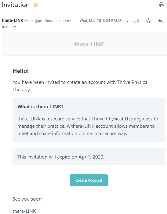 invitation to create account telehealth physical therapy